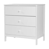 White MDF Dreamer changing table with three drawers on metal runners, round knob handles, wooden legs, and removable top, shown on a plain background.