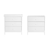 Dreamer Changing Table in white MDF with three drawers on metal runners, shown with and without its removable tray top, round knobs, on a plain white background.