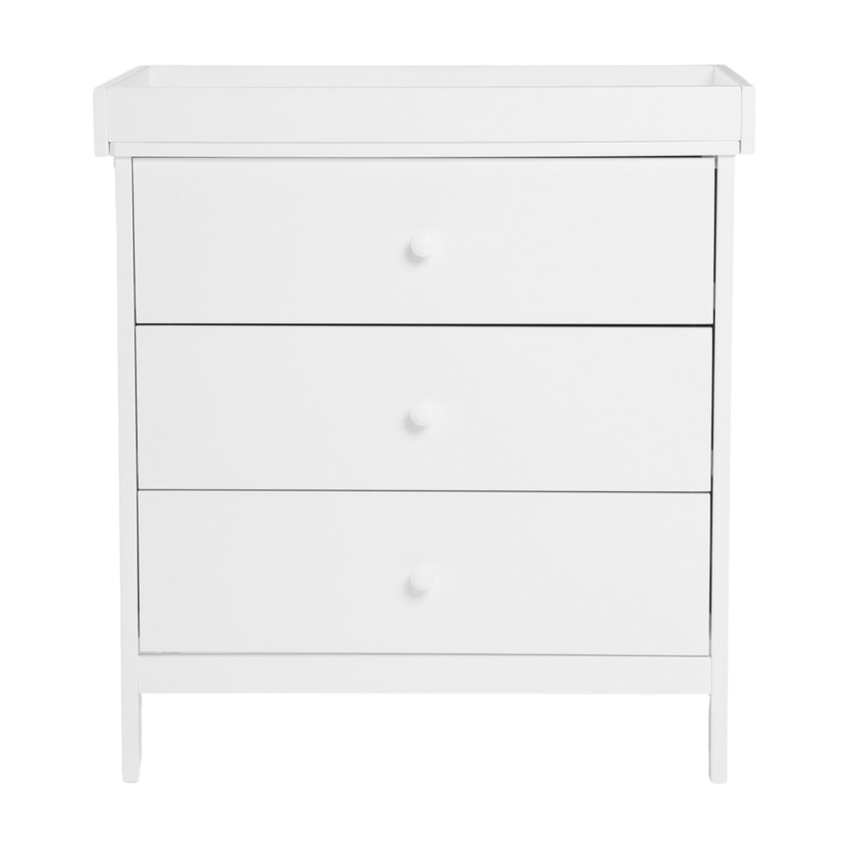 Dreamer Changing Table in white MDF with a removable raised-edge top and three drawers featuring round knobs on metal runners, shown on a plain white background.
