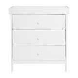 Dreamer Changing Table in white MDF with a removable raised-edge top and three drawers featuring round knobs on metal runners, shown on a plain white background.