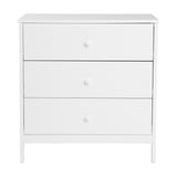 Dreamer Changing Table in white MDF with removable top, three drawers with round knobs on metal runners, and tapered legs, shown on a plain background.