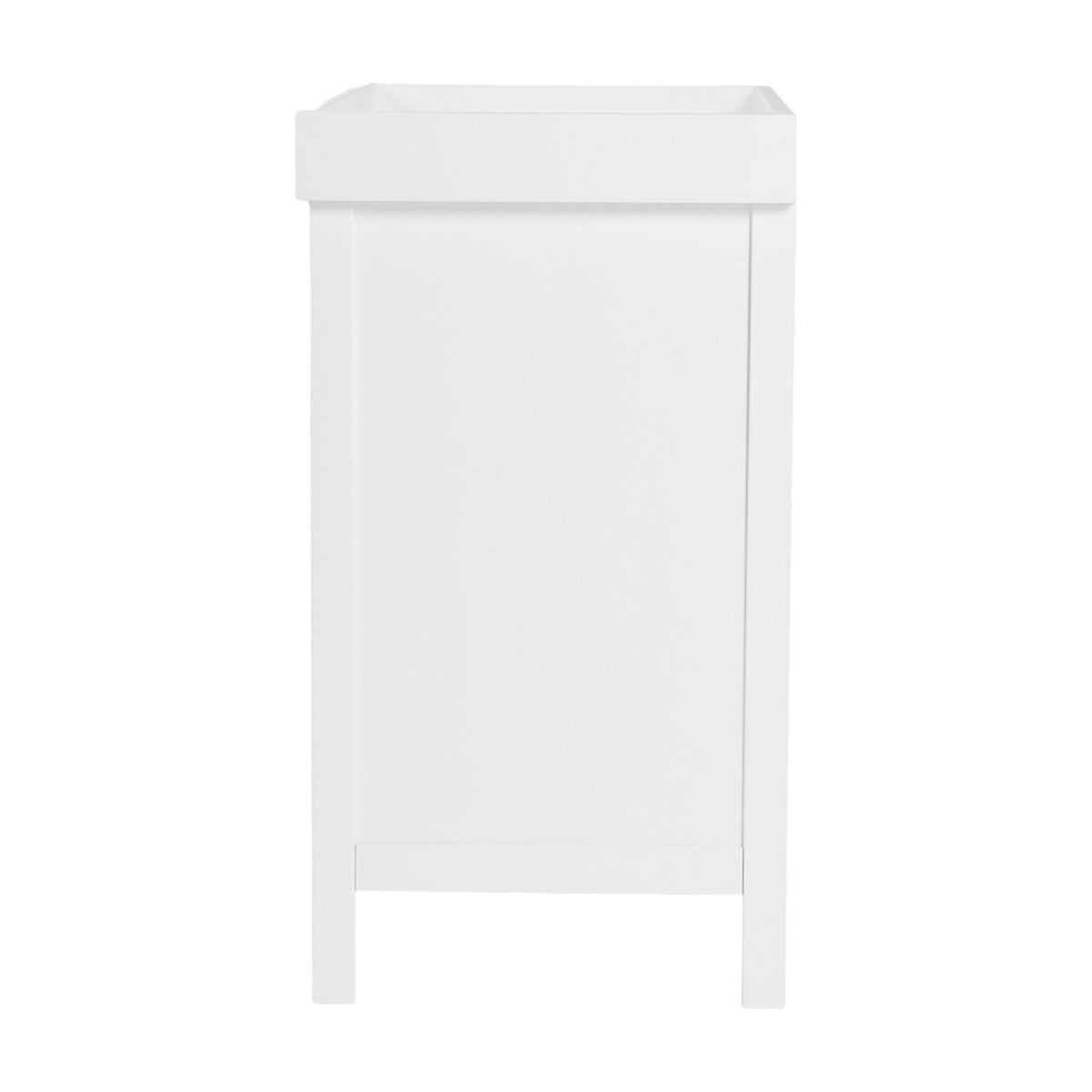 Side view of the Dreamer Changing Table in white MDF with a raised, removable tray top and panelled base on tapered legs, shown against a plain white background.