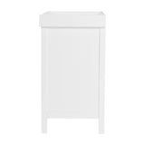 Side view of the Dreamer Changing Table in white MDF with a raised, removable tray top and panelled base on tapered legs, shown against a plain white background.