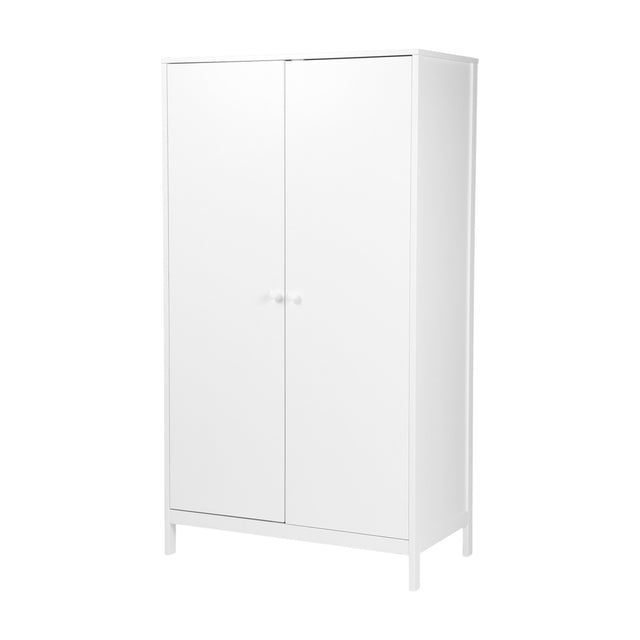 Dreamer 2 Door Kids Wardrobe in white, tall MDF cabinet with two flat doors, round knobs, and slim wooden legs, shown on a plain white background.