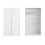 Dreamer 2 door kids wardrobe in white, shown closed and open with a top shelf and double hanging rails inside, on a plain white background.