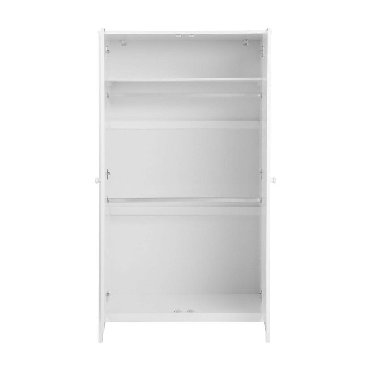 Dreamer 2 door kids wardrobe in white, open to show top shelf and two hanging rails inside, MDF construction, on a plain white background.