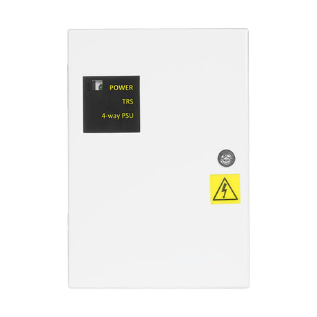 ESP 24V 1A 4-output door retainer PSU in white powder-coated steel enclosure with power indicator label and yellow high-voltage warning sticker.