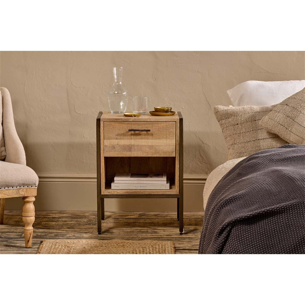 Dasai Mango Wood & Iron Bedside Table - Natural