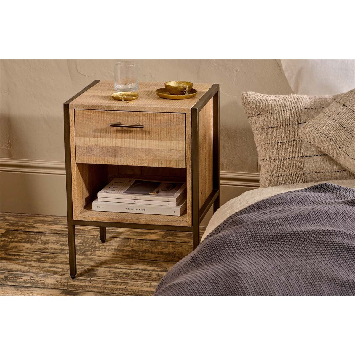 Dasai Mango Wood & Iron Bedside Table - Natural