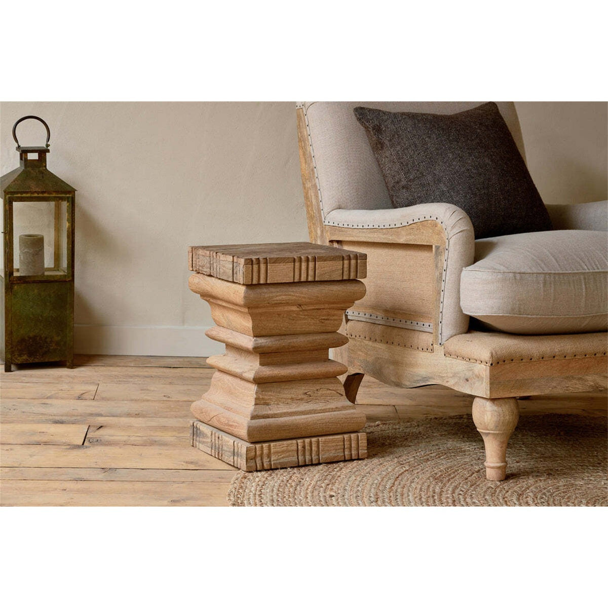 Disha Carved Mango Wood Side Table - Natural