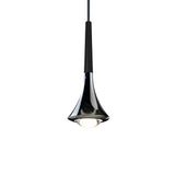 The Droplet LED Pendant Light - Black features a sleek, flared design and hangs from a black cord against a white background. Its minimalistic style reveals the bulb through a translucent bottom, making it perfect for task lighting.