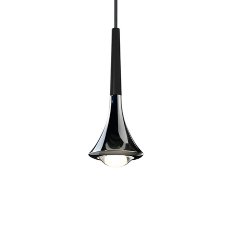 The Droplet LED Pendant Light - Black features a sleek, flared design and hangs from a black cord against a white background. Its minimalistic style reveals the bulb through a translucent bottom, making it perfect for task lighting.