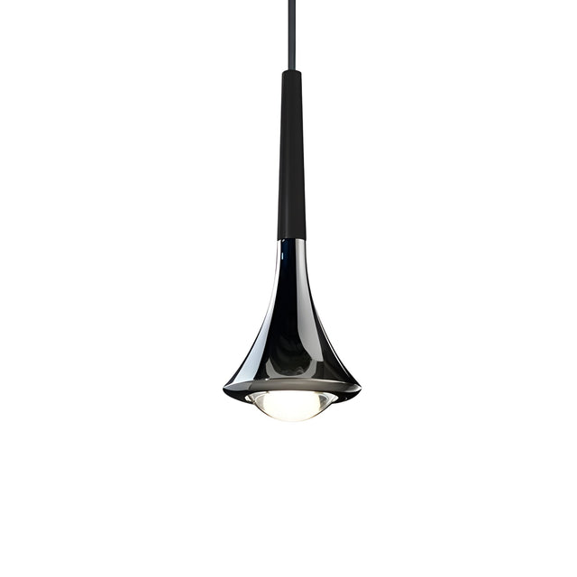 The Droplet LED Pendant Light - Black features a sleek, flared design and hangs from a black cord against a white background. Its minimalistic style reveals the bulb through a translucent bottom, making it perfect for task lighting.