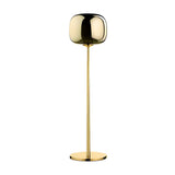 The Dusk Dawn LED Floor Lamp in Gold features a shiny, rounded reflective lampshade, a slender straight pole, and a flat circular base, all set against a plain white background.