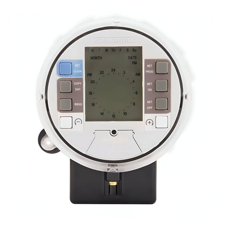 The Round Pattern Digital 3 PIN Time Switch features multiple buttons and an LCD display presenting time, settings, and a 7-day program. Its circular design is labeled for clock, day, and programming functions. The product prominently displays the brand name at the top and includes a holiday mode for enhanced versatility.