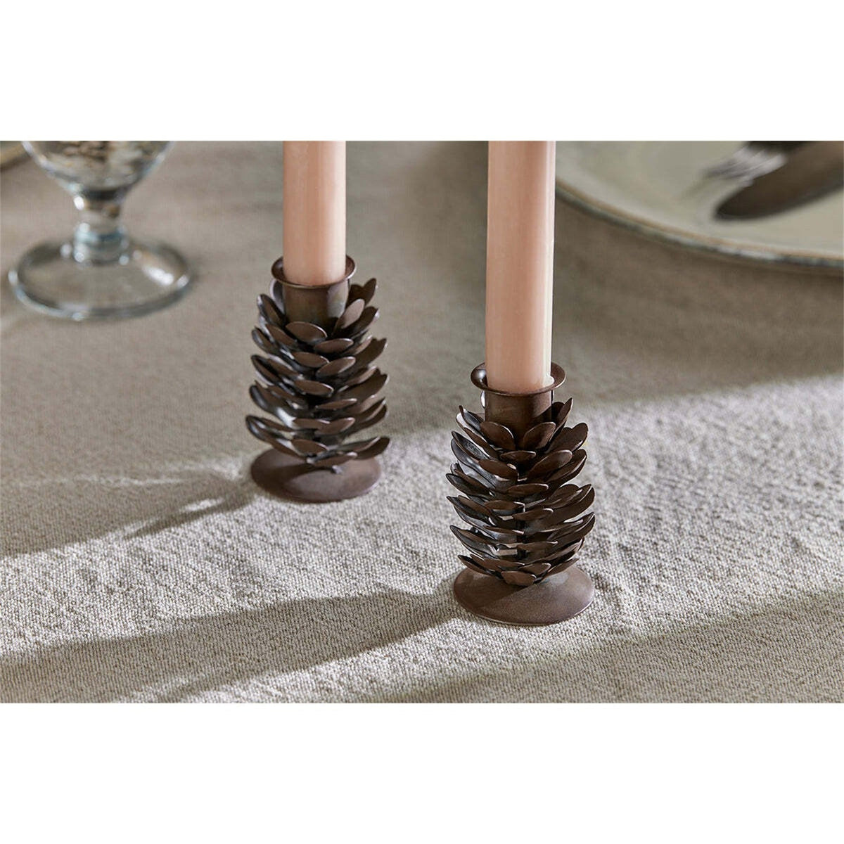 Elagalu Pine Cone Candle Stick - Rust - Set of 2 in a dining room, view 3