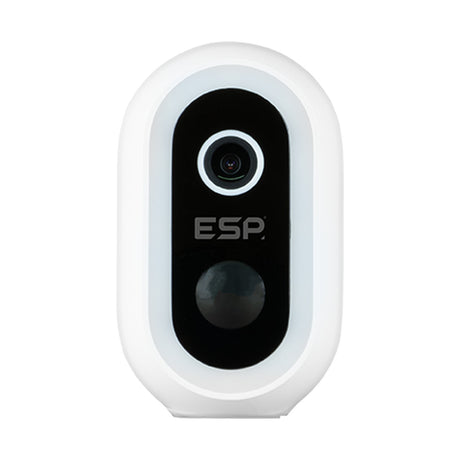 ESP Fort External 4MP battery WiFi security camera in white ABS housing with central lens and PIR sensor, IP65 rated, on a plain background.