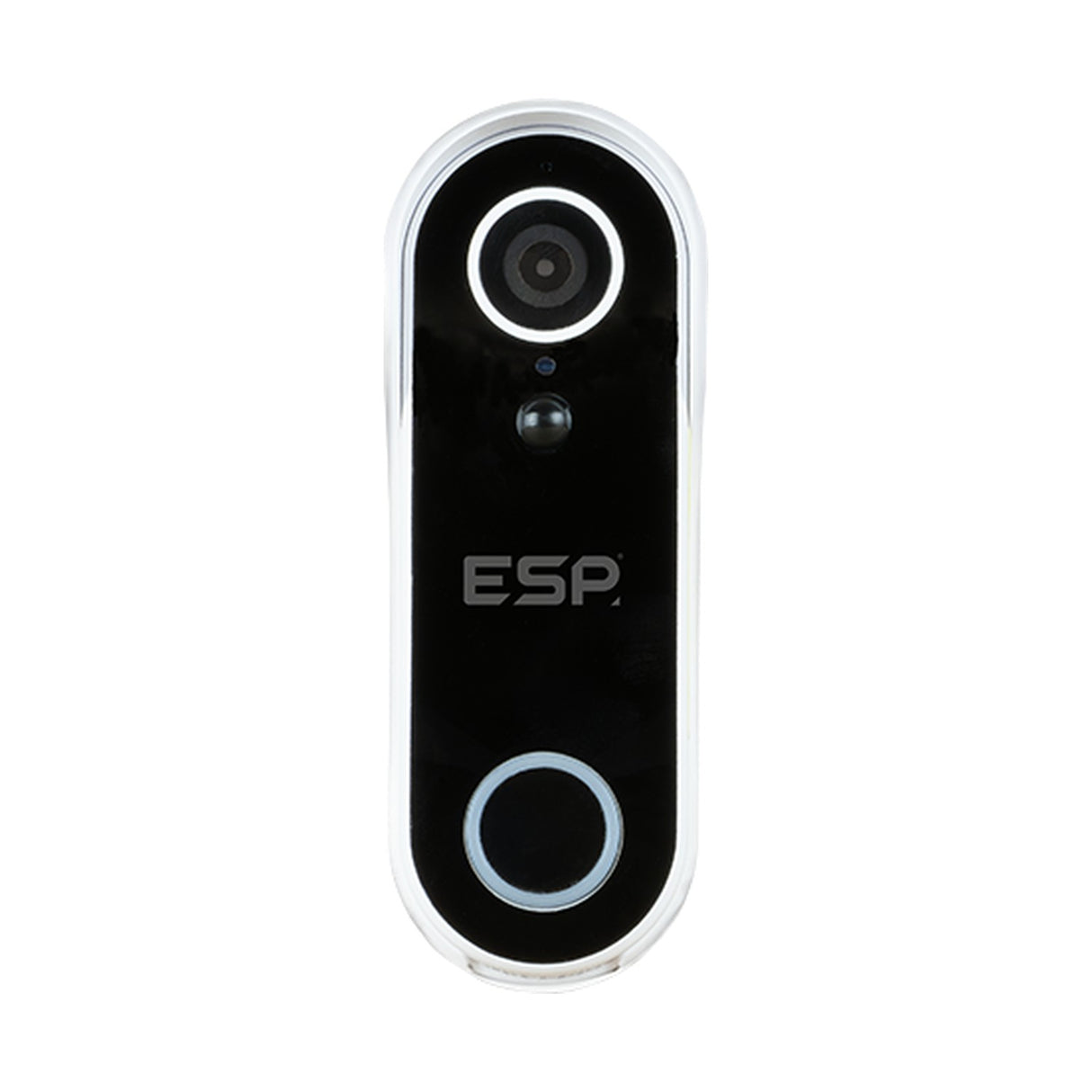 ESP Fort smart WiFi video doorbell with 4MP camera, motion sensor and round call button in black glossy front with chrome trim, on white background.