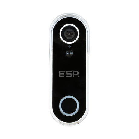 ESP Fort smart WiFi video doorbell with 4MP camera, motion sensor and round call button in black glossy front with chrome trim, on white background.