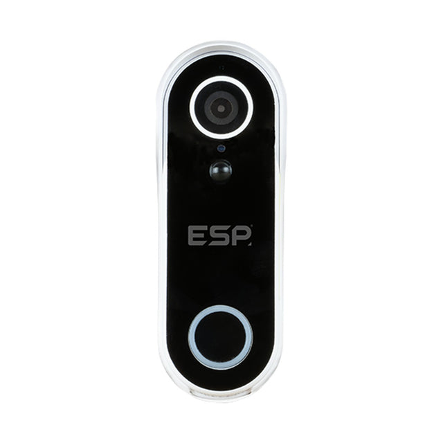 ESP Fort smart WiFi video doorbell with 4MP camera, motion sensor and round call button in black glossy front with chrome trim, on white background.