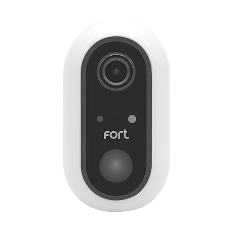 ESP Fort smart security outdoor camera in white with black front panel, lens, sensor and Fort logo, shown on a plain white background.