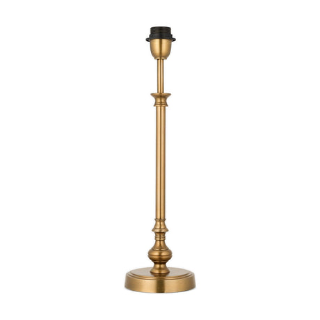 Ehadi Table Lamp Base in antique brass, a slim column with a turned knop and narrow waist on a stepped round foot, topped with a black E27 lampholder, shown on a plain white background.