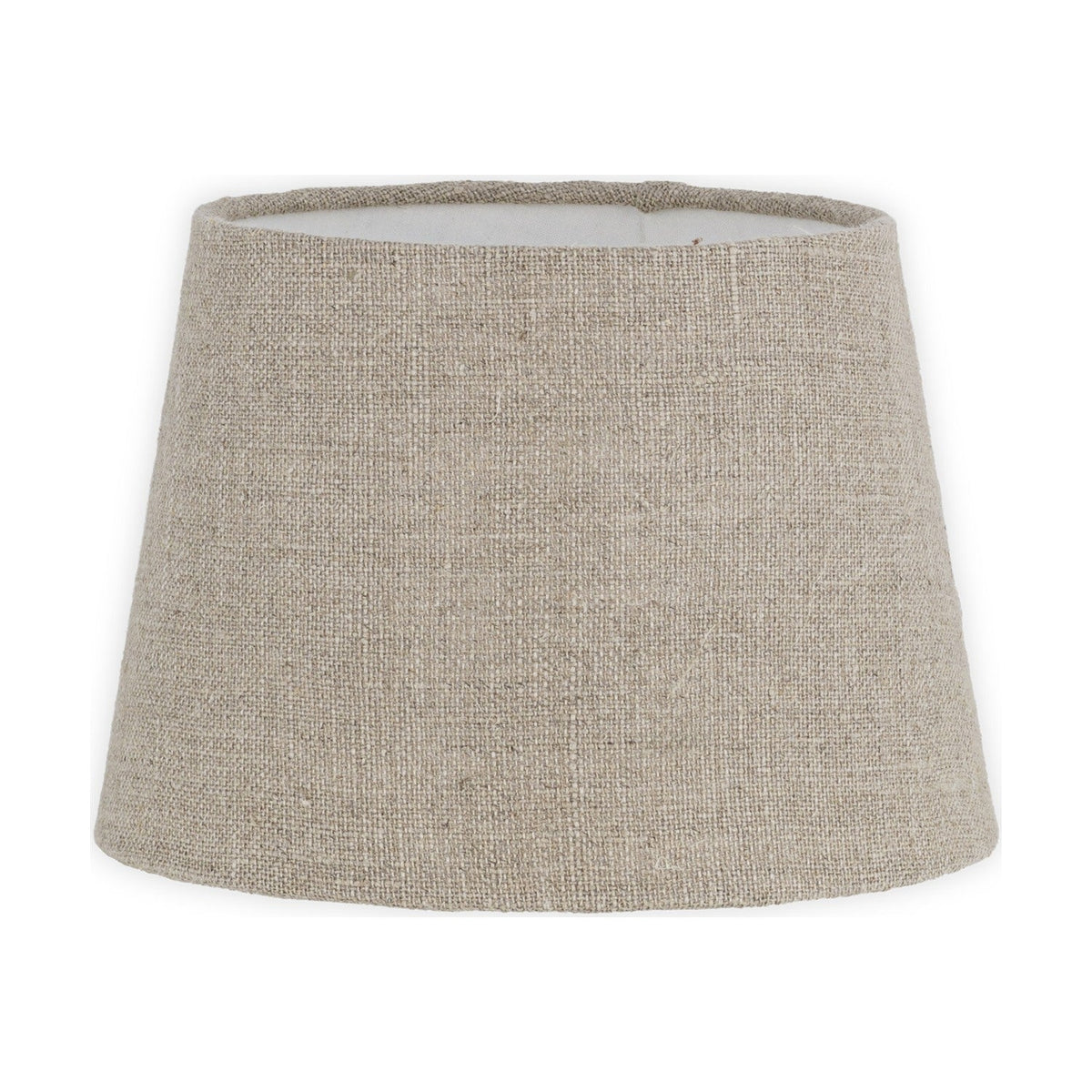 Embaata Small Linen Lampshade in natural greige, tapered drum shape with pale lining, shown on a plain white background.