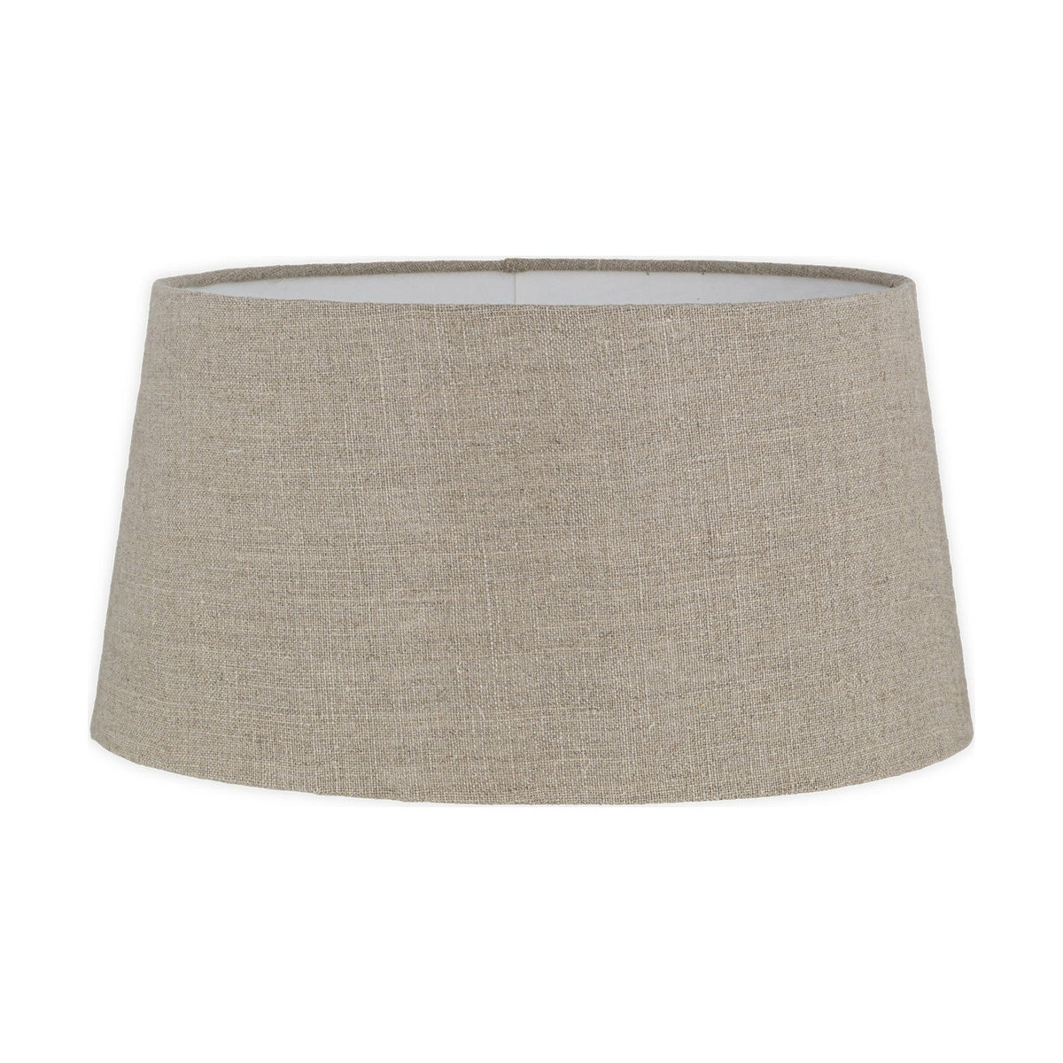 Embaata Large Linen Lampshade in natural, a tapered drum shade with pale lining and visible flax texture, shown on a plain white background.