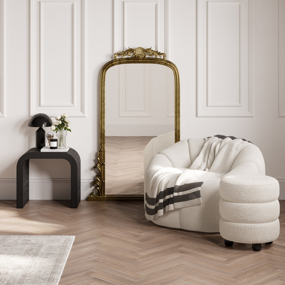 Emi Footstool - Ivory with Black