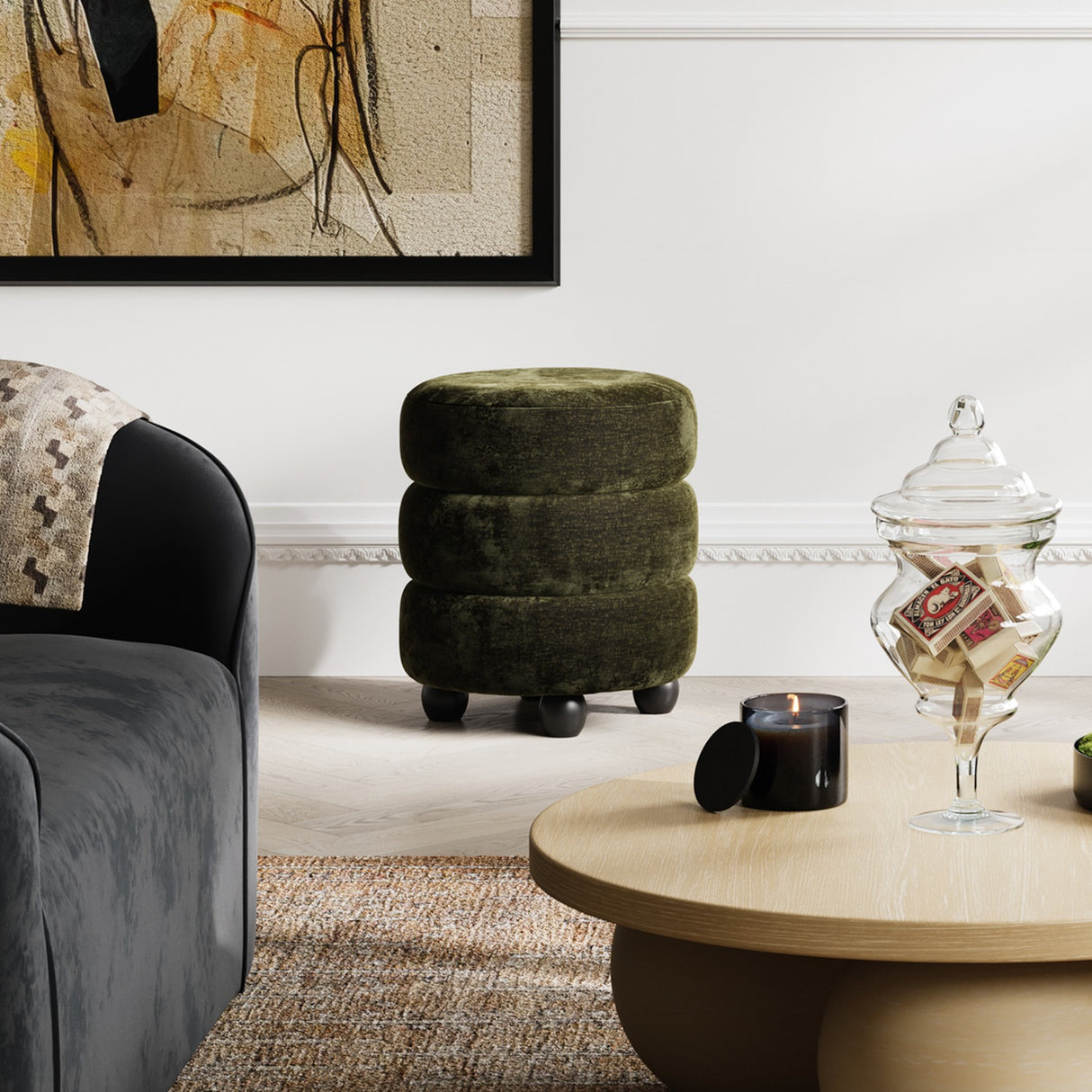 Emi Footstool - Olive with Black