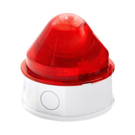 Espire mains-powered sounder strobe with red polycarbonate lens dome and white ABS base, shown on a plain white background.