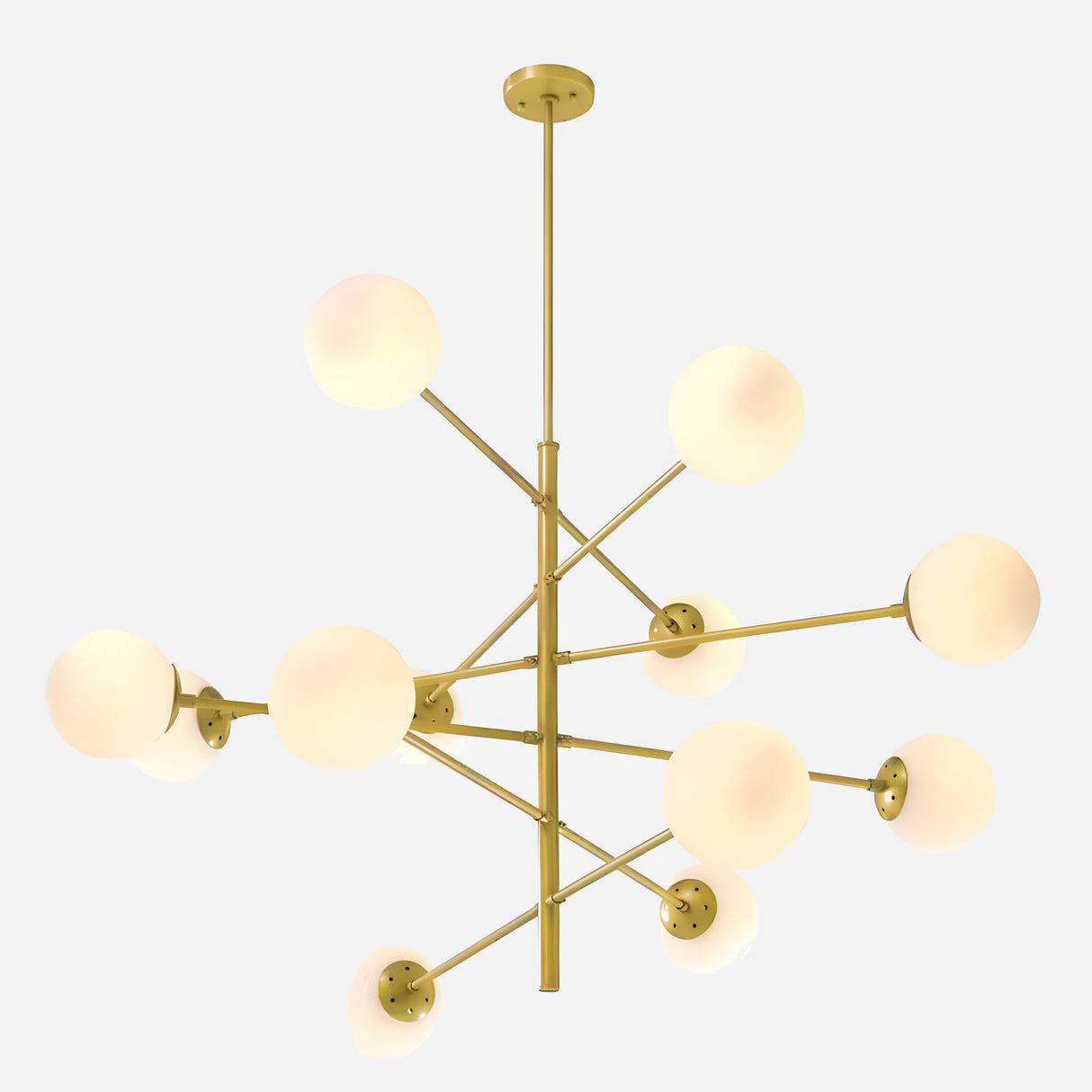 Introducing the Tortora 10 Light Suspension in Gold, this contemporary chandelier exudes elegance with its unique asymmetrical geometric design. Featuring multiple frosted glass globes, each emitting a soft glow, it adds a sophisticated touch to any space.