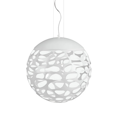 The Elon LED Light Pendant - Matte White features a modern spherical design with an abstract cut-out pattern, suspended by a cord to let LED light shine through its irregular openings.
