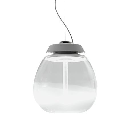 The Empatia LED Pendant Light - Clear features a modern, handcrafted rounded shade with a gray top, minimalist design, and glowing inner light, suspended from the ceiling by a slim black cord.