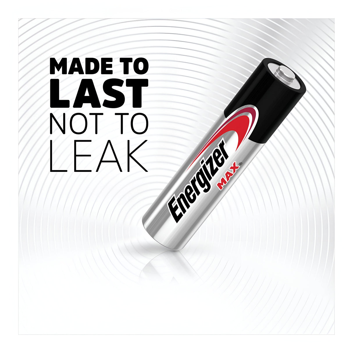 Image of an Energizer Max AA LR6 Alkaline Battery from the 20 Pack standing upright on a reflective surface. The text beside it reads "Made to last, not to leak," against a background adorned with concentric circles, emphasizing the reliability of these AA batteries.