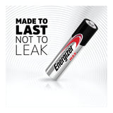 Image of an Energizer Max AA LR6 Alkaline Battery from the 20 Pack standing upright on a reflective surface. The text beside it reads "Made to last, not to leak," against a background adorned with concentric circles, emphasizing the reliability of these AA batteries.