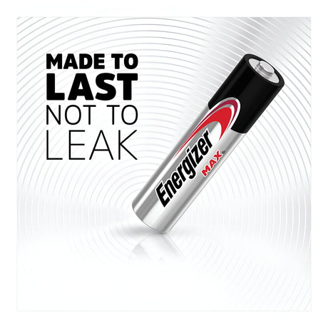 An Energizer Max AA LR6 Alkaline battery from the 16-pack stands vertically against a white background adorned with circular gray lines. The text emphasizes its performance with the phrase "Made to Last, Not to Leak," highlighting its leak-resistant and long-lasting qualities.