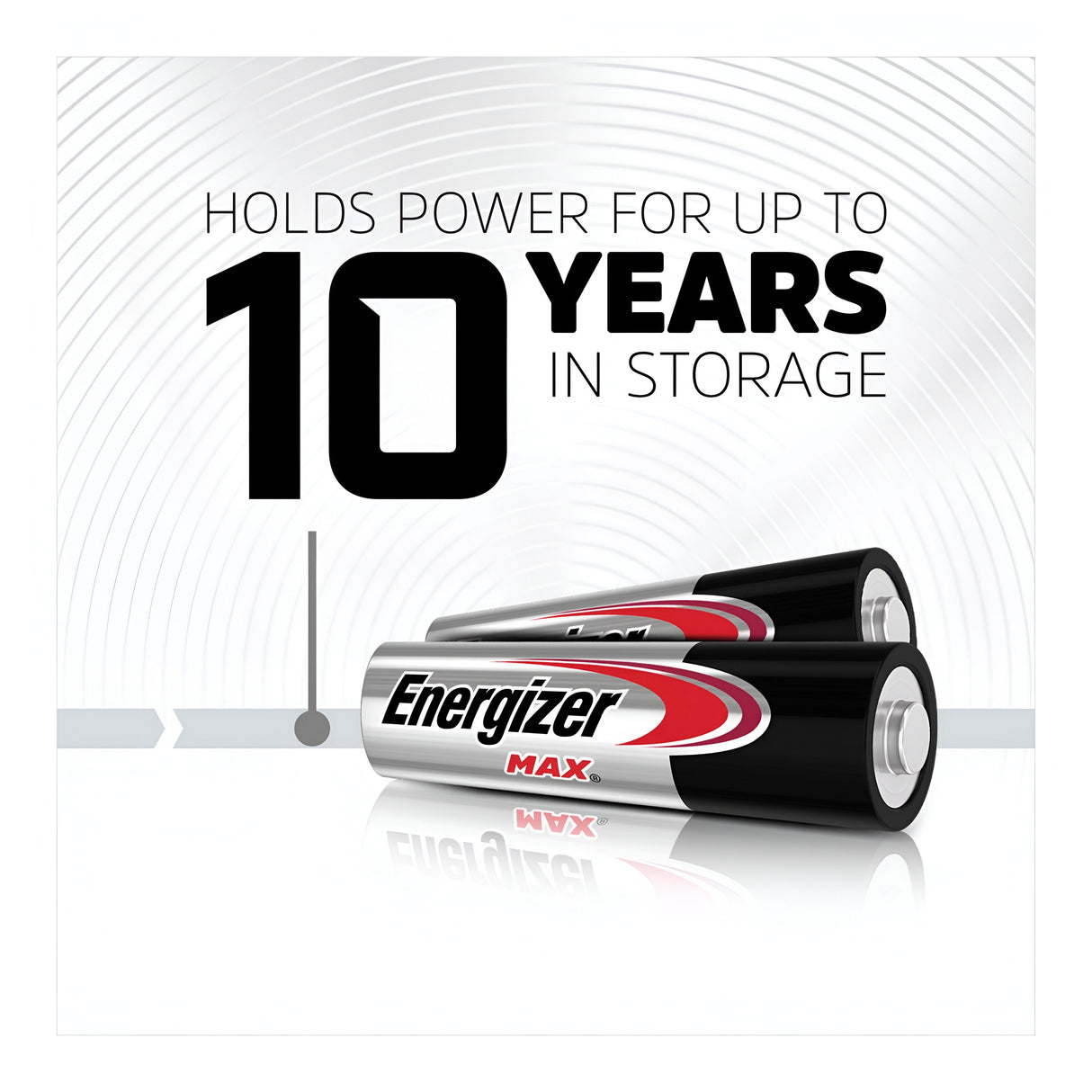 Advertisement image for Energizer Max AA LR6 Alkaline Batteries (10 Pack), featuring two alkaline batteries with text highlighting "Holds power for up to 10 years in storage" against a white and gray background with a circular pattern, emphasizing their long-lasting power.