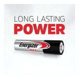 Image of an Energizer Max AA LR6 Alkaline Battery with a black top and silver casing. The text LONG LASTING POWER is prominently displayed above the long-lasting battery. The background features a white circular pattern, highlighting its reliable and leak-proof design.