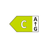 The energy efficiency label, set against a yellow background, prominently displays a large letter C indicating the energy class for the Lumilife 150W Essential UFO High Bay - 5700K. To the right, an arrow points upwards alongside letters A to G, illustrating the energy rating scale of this LED High Bay fixture.