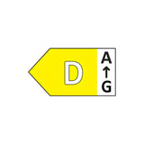 A yellow directional symbol with the letter D lies in the center, accompanied by a white rectangle displaying the letters A and G. An energy-efficient lighting icon is positioned between them, directing upwards, referencing the PowerMaster 5ft 30W LED Single Batten with Sensor - 4,000K, Cool White.