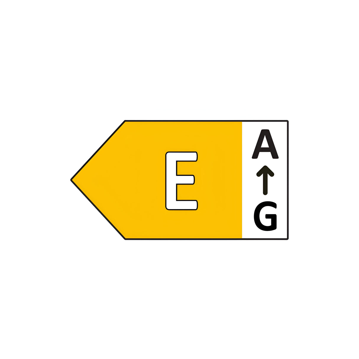 Yellow energy efficiency label displaying a prominent letter E on the left side with an A to G scale arrow on the right, highlighting energy performance from A as most efficient to G as least. Perfect for the LumiLife 4.2W Dimmable LED Candle Bulb in Daylight with an E27 fitting and a color temperature of 6500K, ensuring excellent daylight illumination in your space.