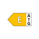 The energy efficiency label, featuring an orange arrow pointing left and the letter E at its center, mirrors the warm glow of an Energizer 3.4W GU10 Non-Dimmable LED Bulb - Warm White, 3000K. To the right, a black scale ranging from A (top) to G (bottom) is depicted with A highlighted and an arrow pointing upwards.