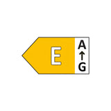 The Eveready 7.3W Non-Dimmable LED Candle Bulb features a yellow energy efficiency label with the letter E. Next to it, there's a scale from A to G with an arrow indicating E, underscoring its energy efficiency. This bulb is ideal for anyone wanting a warm white light at 3000K with an E14 base for their home.