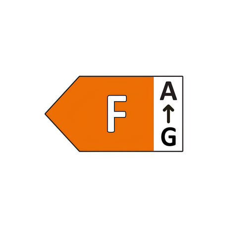 The energy efficiency label for the LumiLife Recessed LED Downlight with Frosted Diffuser 18W - White displays an orange arrow pointing to the right, prominently featuring a large white letter F to indicate its rating. To the right of this arrow, a vertical scale ranges from A to G, with A at the top representing optimal performance levels.