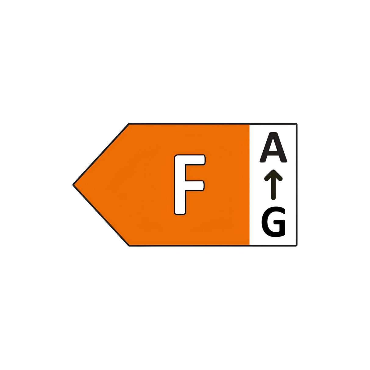 The energy efficiency label displays an orange arrow pointing left, marked with the letter F, making it suitable for energy-efficient LED bulbs like the Eveready 8.8W Non-Dimmable LED GLS Bulb - Daylight, B22, 6500K (2 Pack). The arrow is positioned adjacent to a vertical scale on the right that ranges from A to G, where A indicates the highest efficiency with daylight brightness and G represents the lowest.