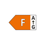 A left-pointing arrow-shaped orange energy efficiency label displays the letter F, with a vertical scale from A to G on the right that highlights F as the rating. This is perfect for installations featuring LumiLife Small LED Recessed Downlight with Specular Diffuser 13W - White, which offers energy-saving and color-changing capabilities.