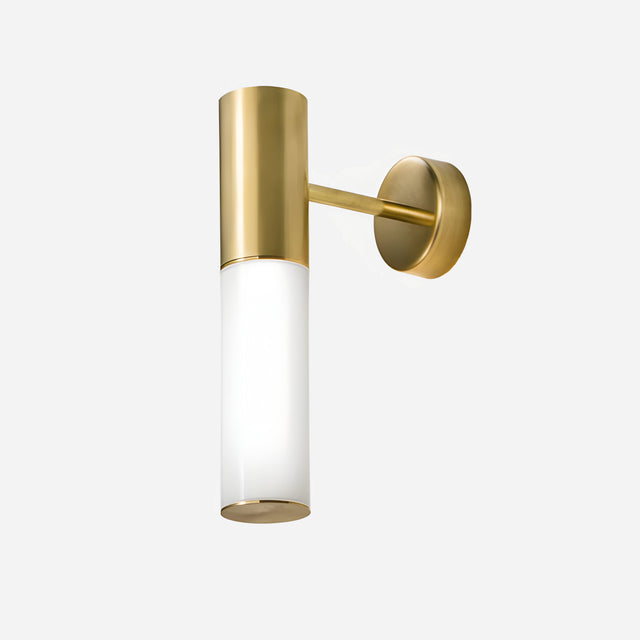 Introducing the Magari LED Wall Light - Gold, a stylish fixture with a cylindrical design. The top section showcases a metallic brushed gold finish, while the bottom part is adorned with frosted white glass. Ideal for ambient lighting, it gracefully mounts to the wall with a coordinating gold bracket.