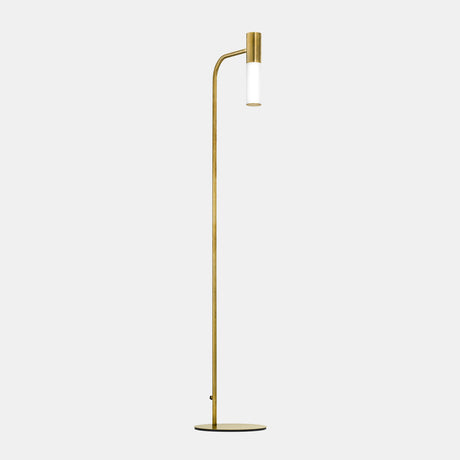 The Magari LED Floor Lamp - Gold boasts a tall, slender gold metal pole complemented by a cylindrical white and gold lampshade. The pole features an elegant curve at the top, directing the shade downward beautifully. Its sleek design with a refined gold finish stands out against a plain gray background.