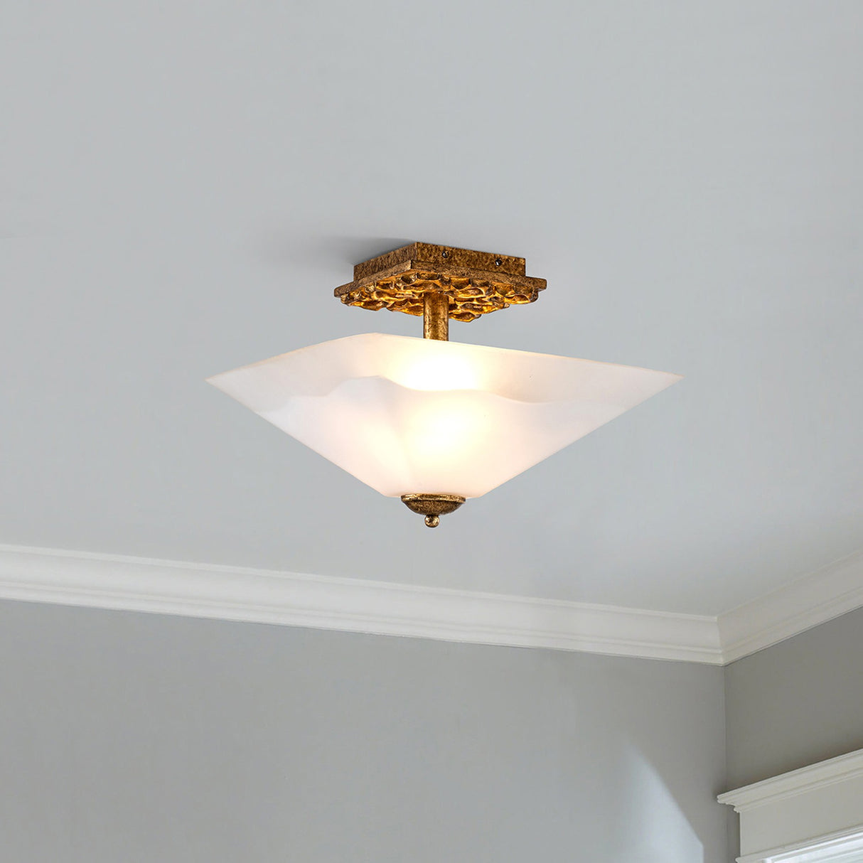 Star 2 Light Flush Ceiling Light - Distressed Gold with Opal Glass